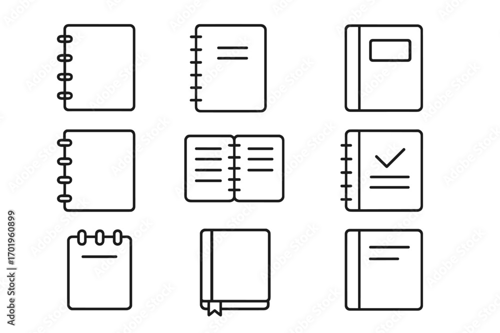 Aufkleber notebook and book icons set for notes, writing, and organization. editable stroke vector illustratio