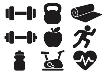 Fitness icon set for gym workout. Health and sport concept. Dumbbell, kettlebell, yoga mat, exercise bike, running man, apple, heart rate. Vector silhouette illustration.