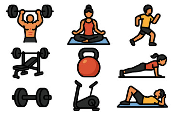 Vector fitness icons collection. Gym workout, exercise, and sport activities. People doing weightlifting, yoga, running, plank, crunches. Equipment like dumbbell and kettlebell.