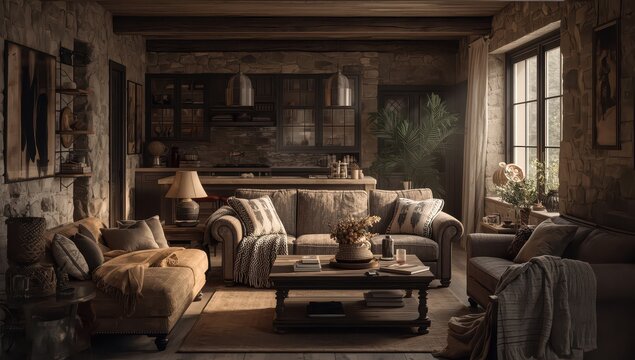 Cozy rustic living room with stone walls, plush sofas, and warm ambient lighting creates inviting ambiance