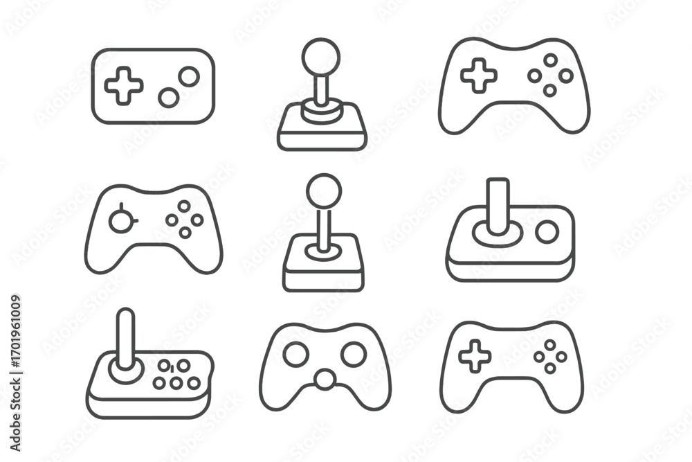 Poster video game controller line icon set. gamepad, joystick, and console control symbols. editable stroke