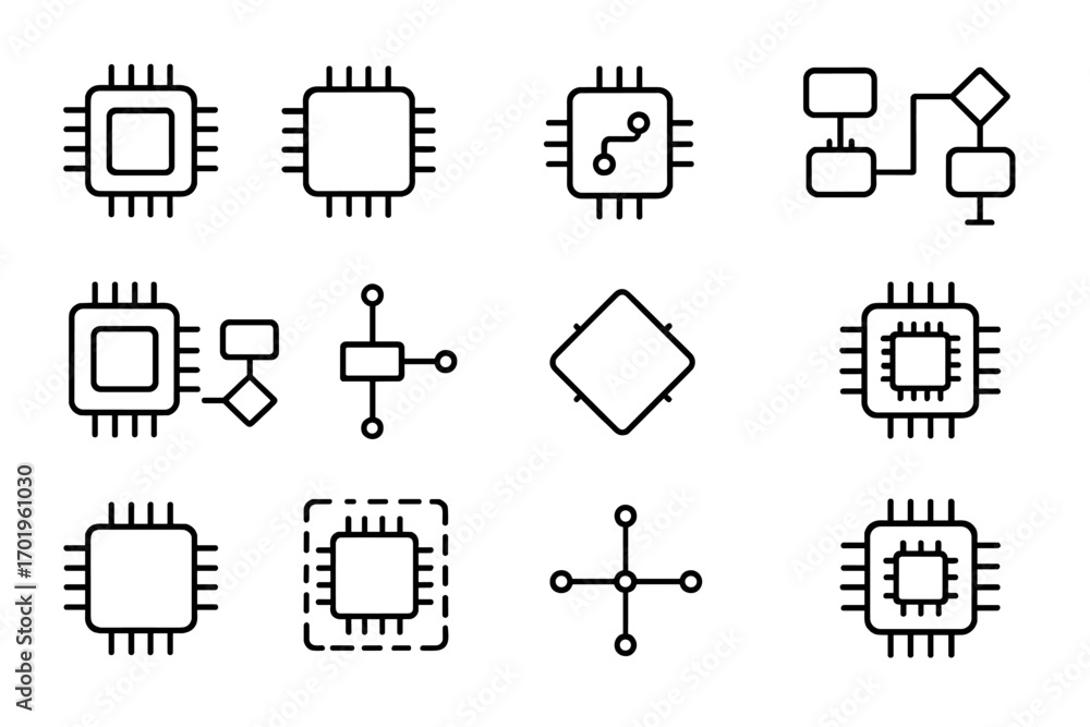 Aufkleber set of minimalistic linear vector icons of microchips and electronic circuit schemes, editable strok