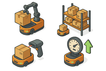Isometric warehouse automation icon set. Vector illustration of robotic arm, AGV, barcode scanner, and efficiency meter for smart logistics, inventory and storage management.