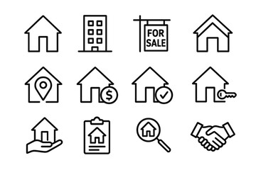 Real estate line icon set. Property business symbol collection. House for sale, home search, mortgage, and contract signs. Vector icons for agent, broker, and investment.