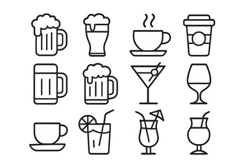 Drinks and beverages line icon set. Vector symbols for bar menu, cafe, and restaurant. Minimalist outline pictograms of beer, coffee, wine, cocktails, and juice.