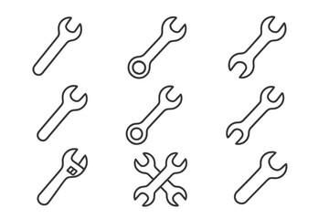 Pack of minimalistic linear wrench icons set, editable stroke vector tools collection, simple outline spanner icons for design, apps, banners, posts, repair and maintenance tools illustration
