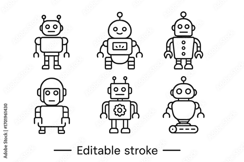 Poster robot line icon pack with editable stroke, minimalistic linear robot pictograms for app design, digi