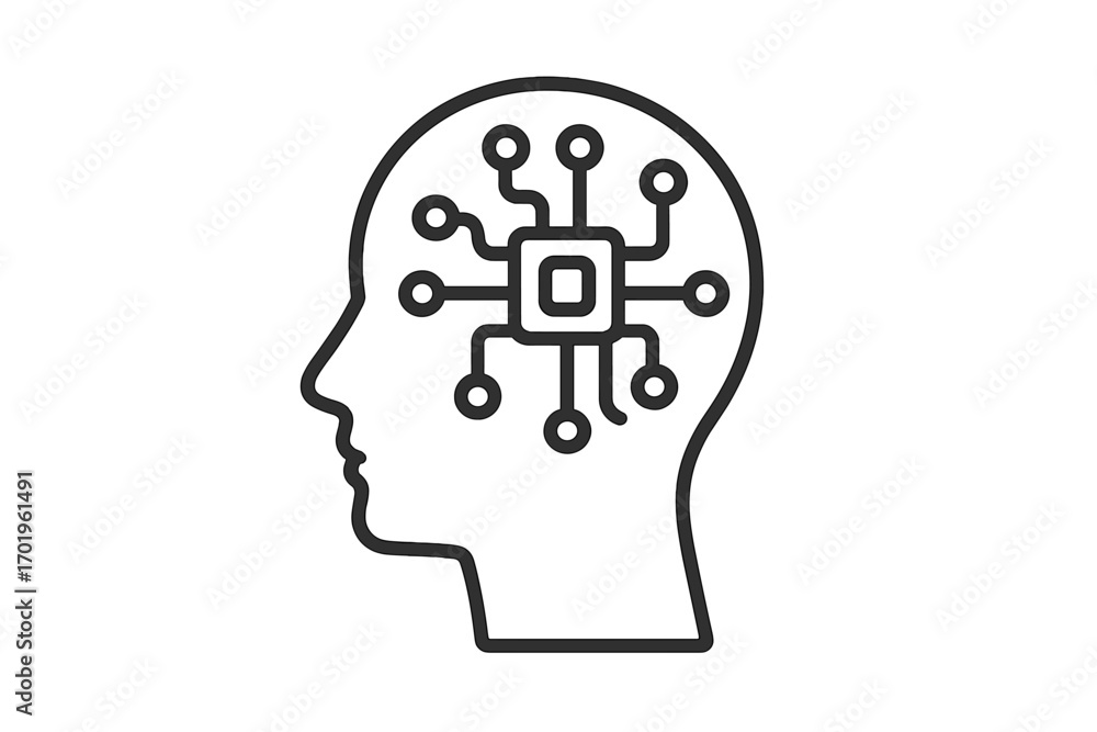 Poster minimalistic line icon of artificial intelligence head with circuit brain, editable stroke vector il