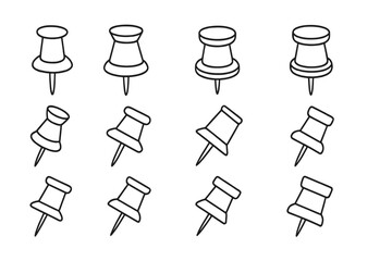 Push pin icon set for school and office supplies, editable stroke vector illustrations for web, books, cards, apps, cartoon style with transparent background in multiple angles