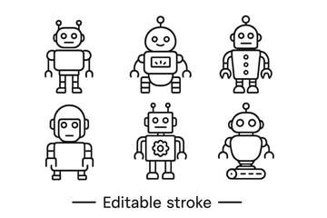 Robot line icon pack with editable stroke, minimalistic linear robot pictograms for app design, digital cards, banners, posts, vector cartoon illustration set, tech symbols