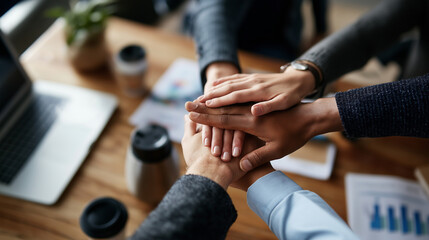 A diverse group of professionals stacks their hands on a wooden table their unity strong amidst laptops charts and a steaming coffee pot top view multiethnic teamwork