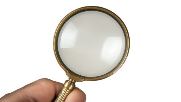 Hand holding a magnifying glass isolated on transparent background for inspection