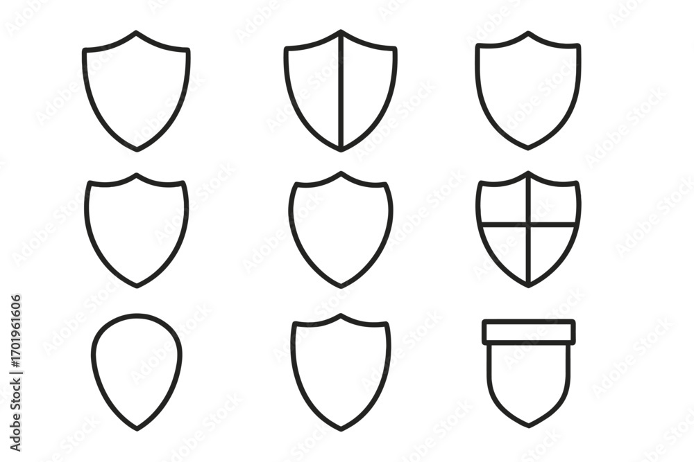 Poster minimalistic shield line icon set with editable stroke, linear vector pictogram collection for cards