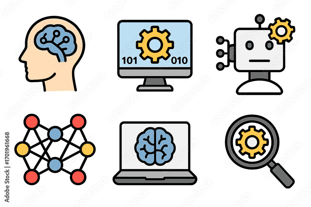 Poster artificial intelligence technology icons set with brain, neural network, robot head, gears, and mach