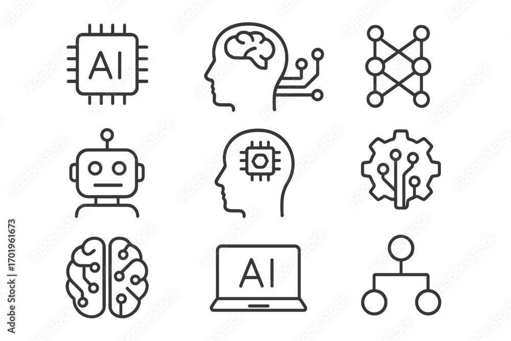 Poster minimalistic linear ai icons set with brain, robot, neural network, and circuit elements for technol