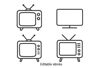 Pack of Editable Stroke TV Set Line Icons, Minimalistic Linear TV Pictogram Collection, Retro and Modern Television Symbols for Design, Apps, Banners, Posts, Transparent Vector Illustration