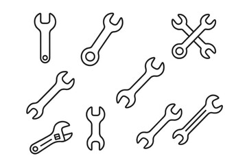 Naklejka premium Pack of minimalist linear wrench icons with editable stroke. Set of vector tools symbols for design, apps, banners, cards, posts, construction, repair, and maintenance concepts.