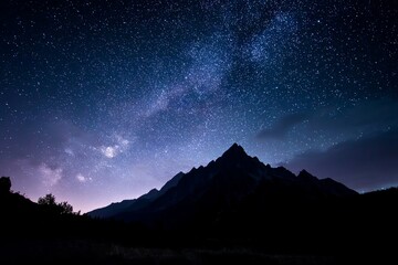 Starry night sky over mountain silhouette in remote wilderness