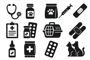 Pet healthcare icons set, veterinary medical equipment and supplies, black silhouette style vector cartoon illustration, medicine, pills, syringe, pet carrier, bandages, animal care tools