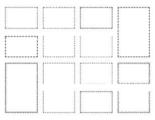 Set of twelve simple, decorative rectangular frames with dashed lines and varied borders.