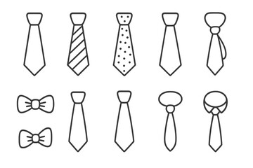 Tie and Bow Tie Thin Line Icon Collection, Editable Stroke Vector Set for Websites, Books, Cards, Apps, Cartoon Style, Transparent Background, Fashion Accessories, Clothing Symbols