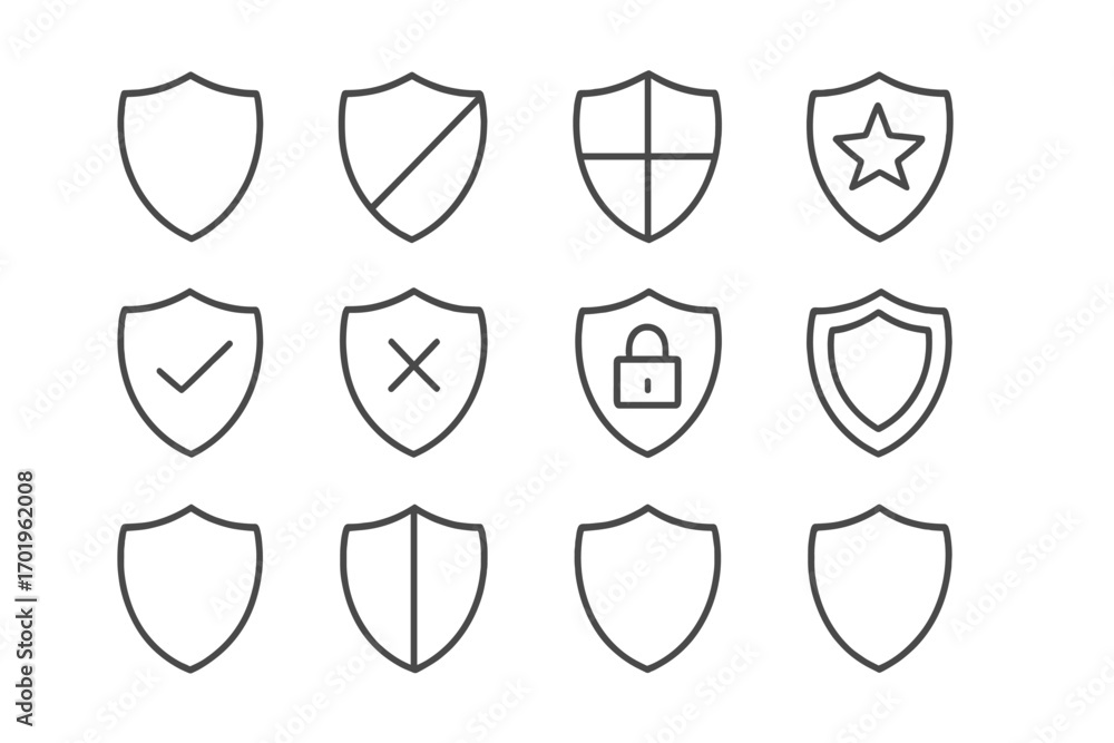 Poster shield line icon bundle, editable stroke, minimalistic linear pictogram set for design, security con