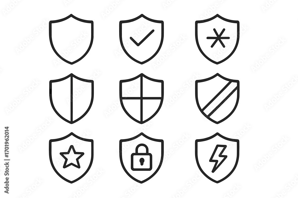 Poster shield line icon set editable stroke minimalistic linear pictogram collection for design of cards, a