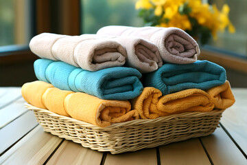Colorful towels neatly stacked in a wicker basket create an inviting and organized bathroom setting
