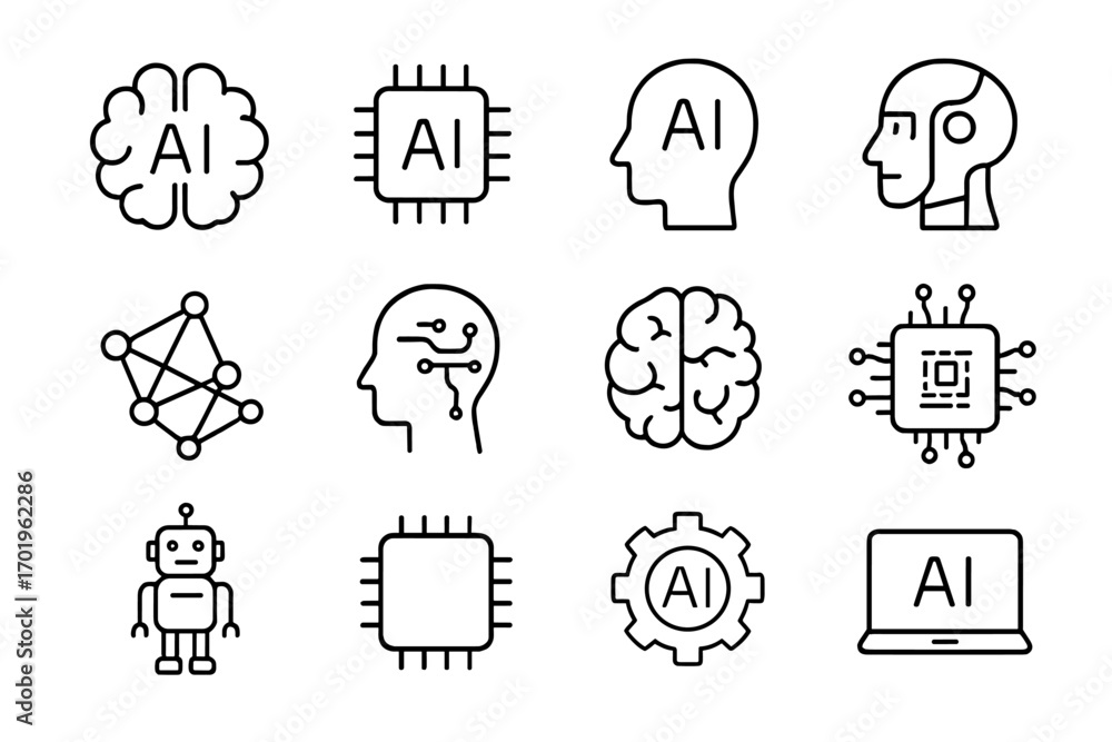Poster artificial intelligence line icon set. ai, robot, machine learning, neural network, brain, cpu, chip