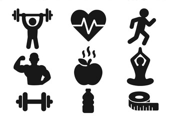 Silhouette fitness and health icons set, weightlifting, muscle flexing, heart rate, running, yoga, apple fruit, water bottle, measuring tape, wellness lifestyle vector illustration