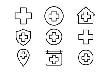 Medical cross hospital symbol icon pack with thin editable stroke lines, vector cartoon style. Suitable for websites, apps, books, health care cards, medical design elements.