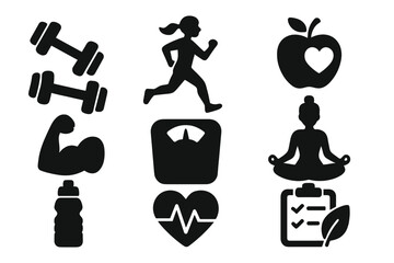 Silhouette icons of fitness and health activities, muscle strength, running, weight scale, heart rate, healthy apple with heart, yoga meditation, wellness checklist, lifestyle vector set