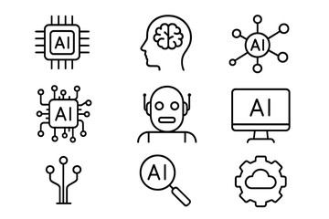 Artificial Intelligence line icon set. AI technology, machine learning, robotics, neural network, and deep learning concepts. Editable stroke vector pictogram for web and app design.
