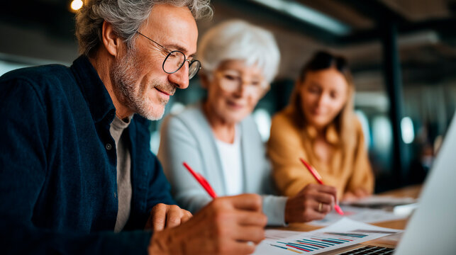 A middle aged man analyzes charts on a laptop a senior woman and a young Asian woman reviewing papers with red pens top view financial analysis multiethnic collaboration