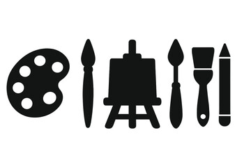 Art supplies vector icon set with painter tools. Black silhouettes of palette, paintbrush, easel, and pencil for drawing or painting. Creative hobby and artist equipment.