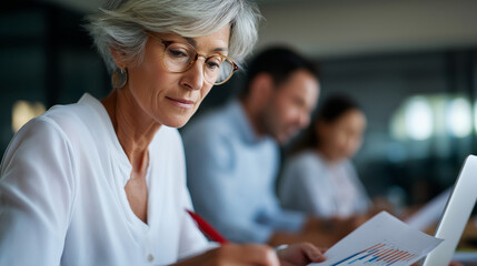 A middle aged man analyzes charts on a laptop a senior woman and a young Asian woman reviewing papers with red pens top view financial analysis multiethnic collaboration