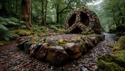 A mosaic of peace signs made from natural stones in a forest clearing