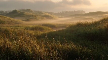 A tranquil and ethereal scene of golden morning mist settling over rolling grassy dunes and wild coastal landscape