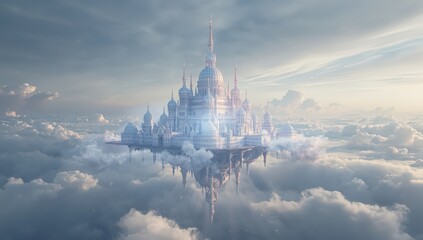 Majestic fantasy castle floating serenely among ethereal clouds at sunrise