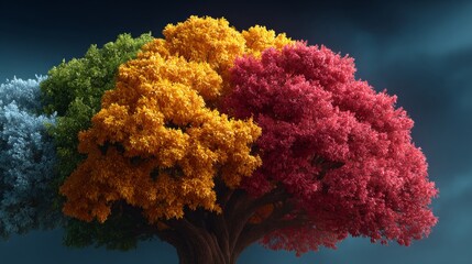Chromatic Canopy: A captivating image showcases a tree with a trunk, its crown ablaze with a stunning array of vibrant hues—a fusion of color and nature's artistry.