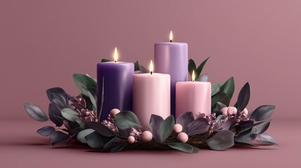 Purple and Pink Advent Candles with Greenery – Ideal for Christian Holiday Decor and Worship Materials