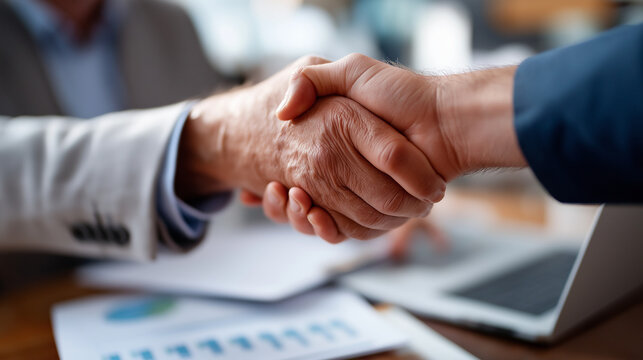 Middle aged professionals shake hands over laptops and charts others flipping through papers with budget notes top view business handshake financial analysis office teamwork