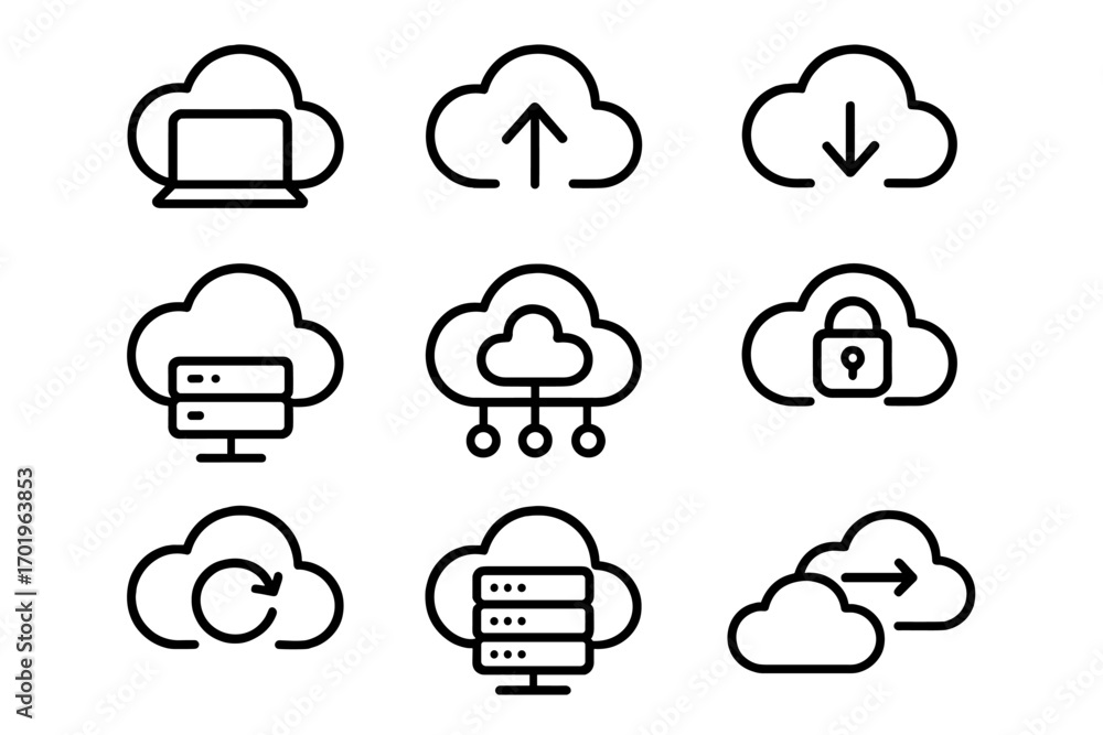 Poster cloud technology vector line icon set. icons for computing, data storage, network, server, database,