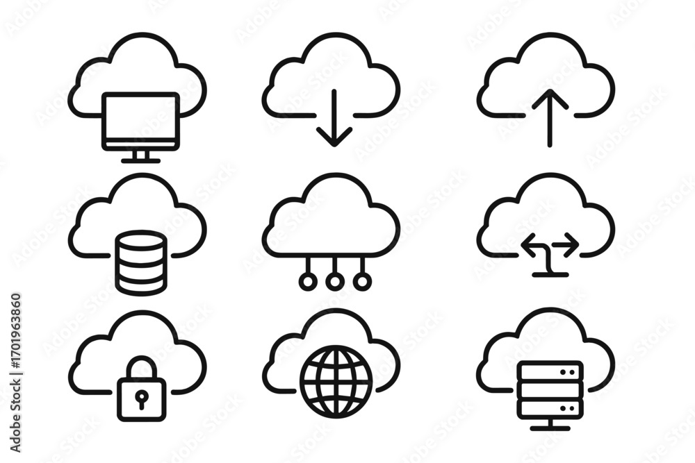Poster cloud technology line icon set. computing, storage, network vector icons. data server, upload, downl