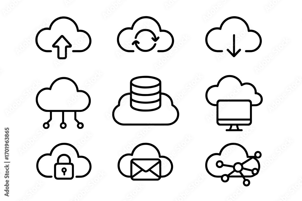 Aufkleber cloud technology line icon set. computing, storage, and network symbols. vector collection for data 
