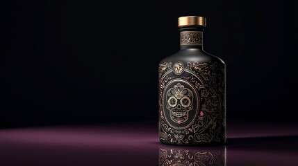 Decorative Liquor Bottle with Artistic Skull Design – Ideal for Halloween or Day of the Dead Promotions