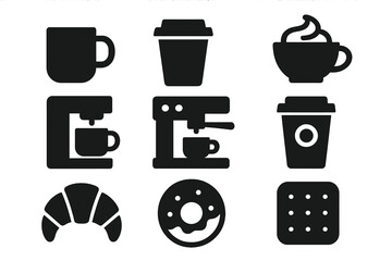 Coffee shop icon set. Minimalist silhouettes of cups, machines, and snacks. Cafe essentials vector graphic collection. Includes espresso, donut, croissant, and drinks.