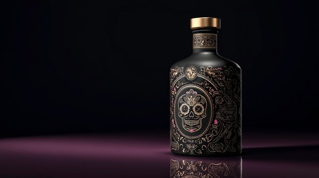 Decorative Liquor Bottle with Artistic Skull Design – Ideal for Halloween or Day of the Dead Promotions