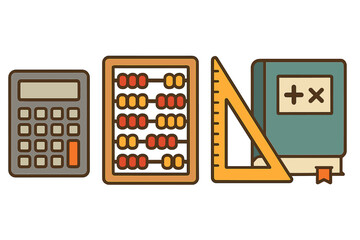 Set of educational tools for math. School supplies like calculator, abacus, triangle ruler and textbook. Vector cartoon illustration for learning, study and mathematics.