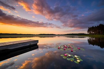 Obraz premium Golden evening light on the calm water of a lake with